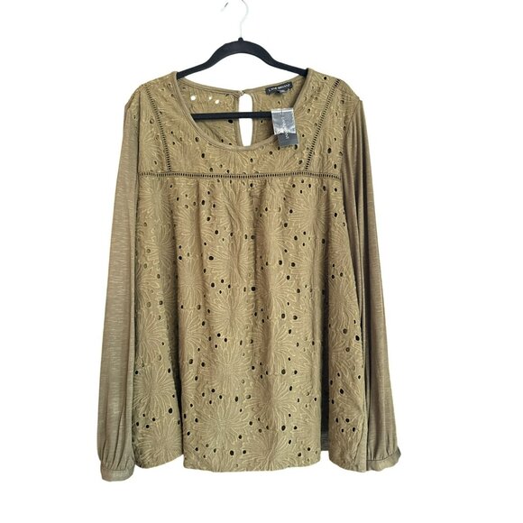 Lane Bryant Tops - Lane Bryant Womens Olive Green Embroidered Eyelet Knit Top 18/20 Long Sleeve NWT